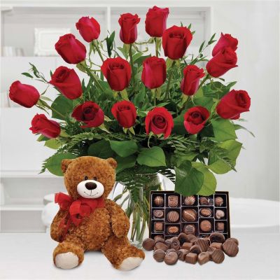 True Romantic Rose - Bundle (includes chocolates, plush animal and balloon)