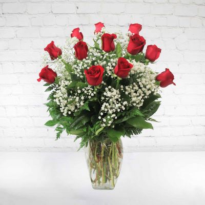 Classic Dozen Roses with Baby's Breath - Valentine's Day Bouquet